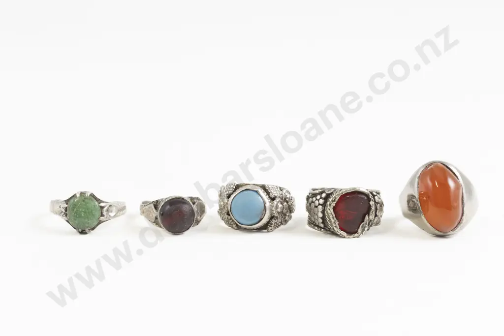 Five Vintage Yemen Silver Metal and Bead Rings Image 1++