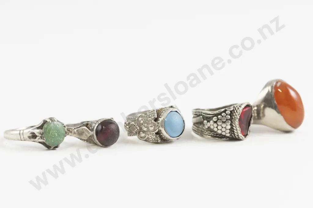Five Vintage Yemen Silver Metal and Bead Rings Image 1++