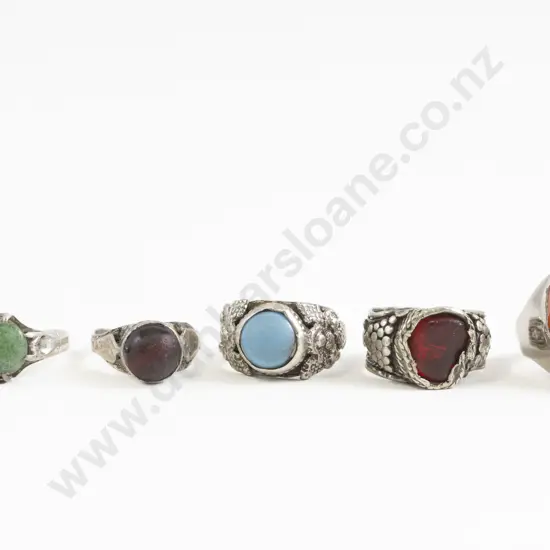 Five Vintage Yemen Silver Metal and Bead Rings