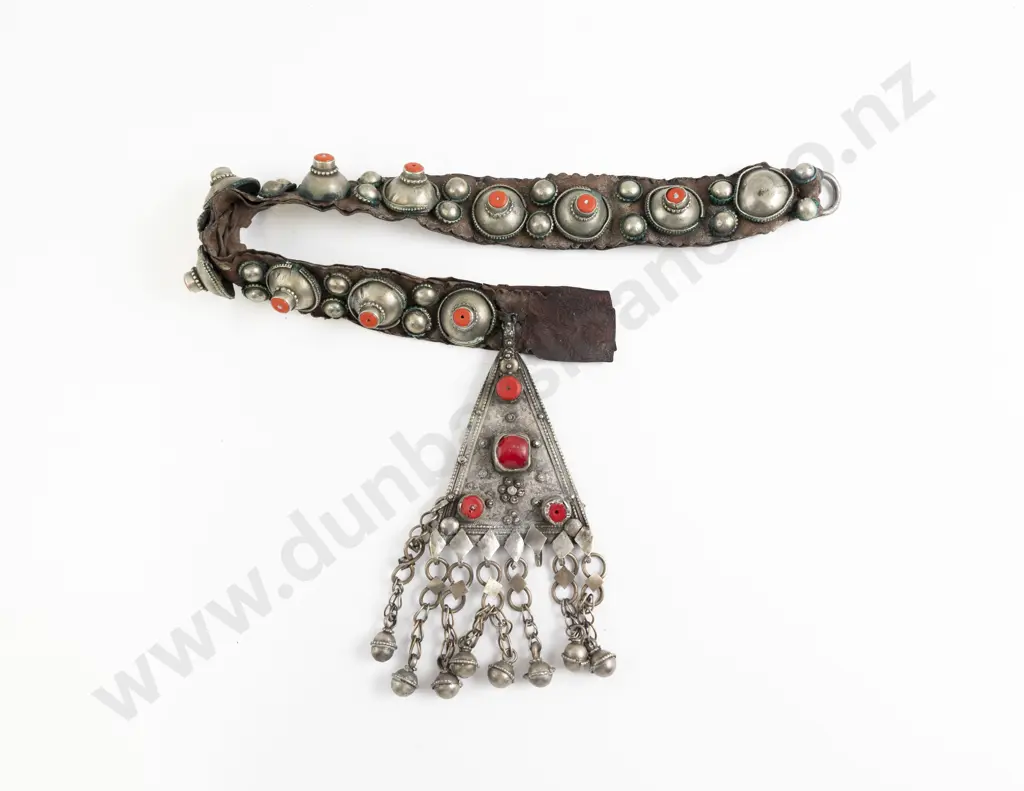 Antique Yemeni Leather and Coral Beaded Pendant Image 1++