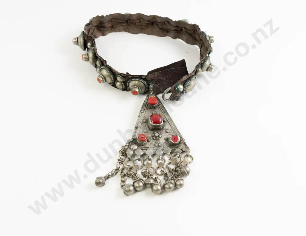 Antique Yemeni Leather and Coral Beaded Pendant Image 1++