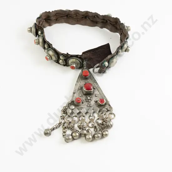 Antique Yemeni Leather and Coral Beaded Pendant
