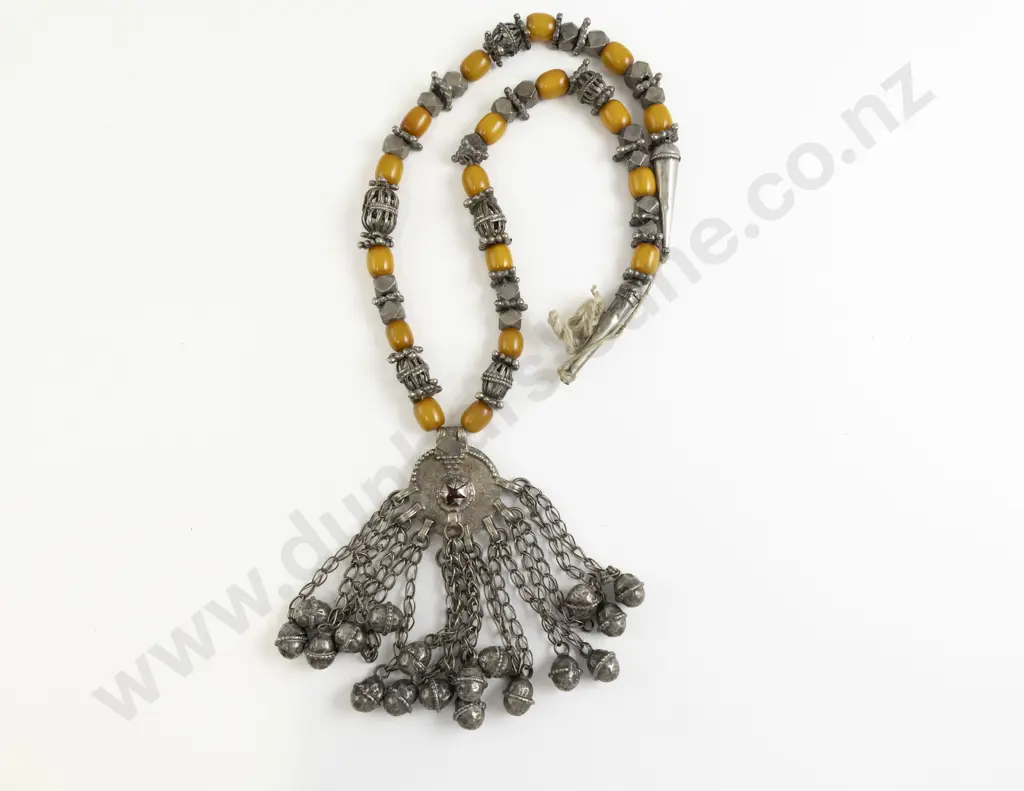 Antique Yemen Silver Metal and Resin Amber Beaded Pendant Necklace Image 1++