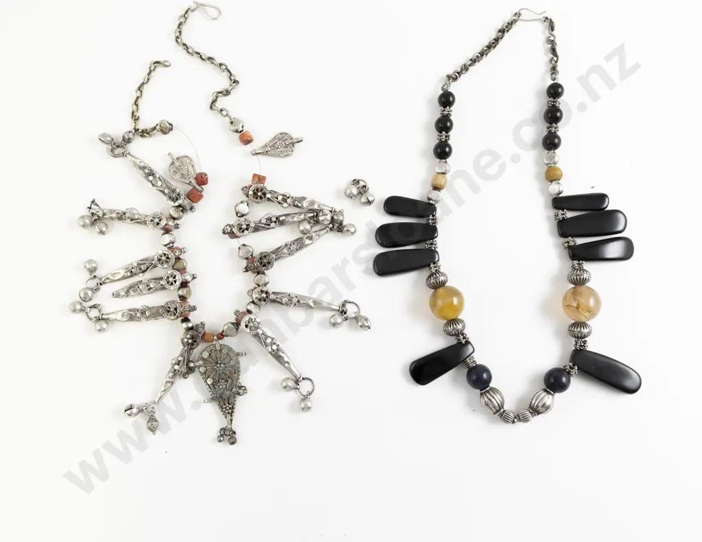 Vintage Yemen Silver Metal Cone and Coral Beaded Necklace Image 1++