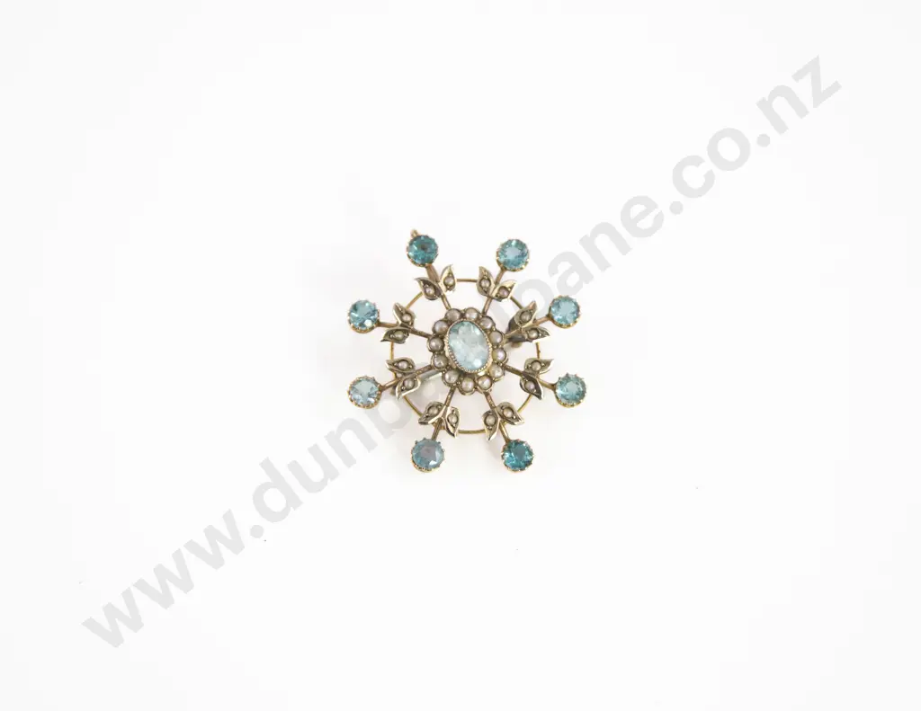 Edwardian 9ct Aquamarine Paste and Seed Pearl Star Burst Brooch/Pendant Image 1++