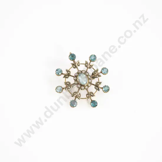 Edwardian 9ct Aquamarine Paste and Seed Pearl Star Burst Brooch/Pendant