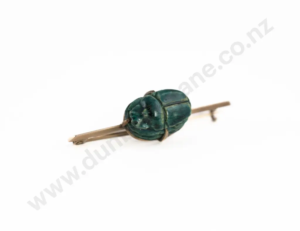 Edwardian 9ct Single Faience Scarab Beetle Bar Brooch Image 1++