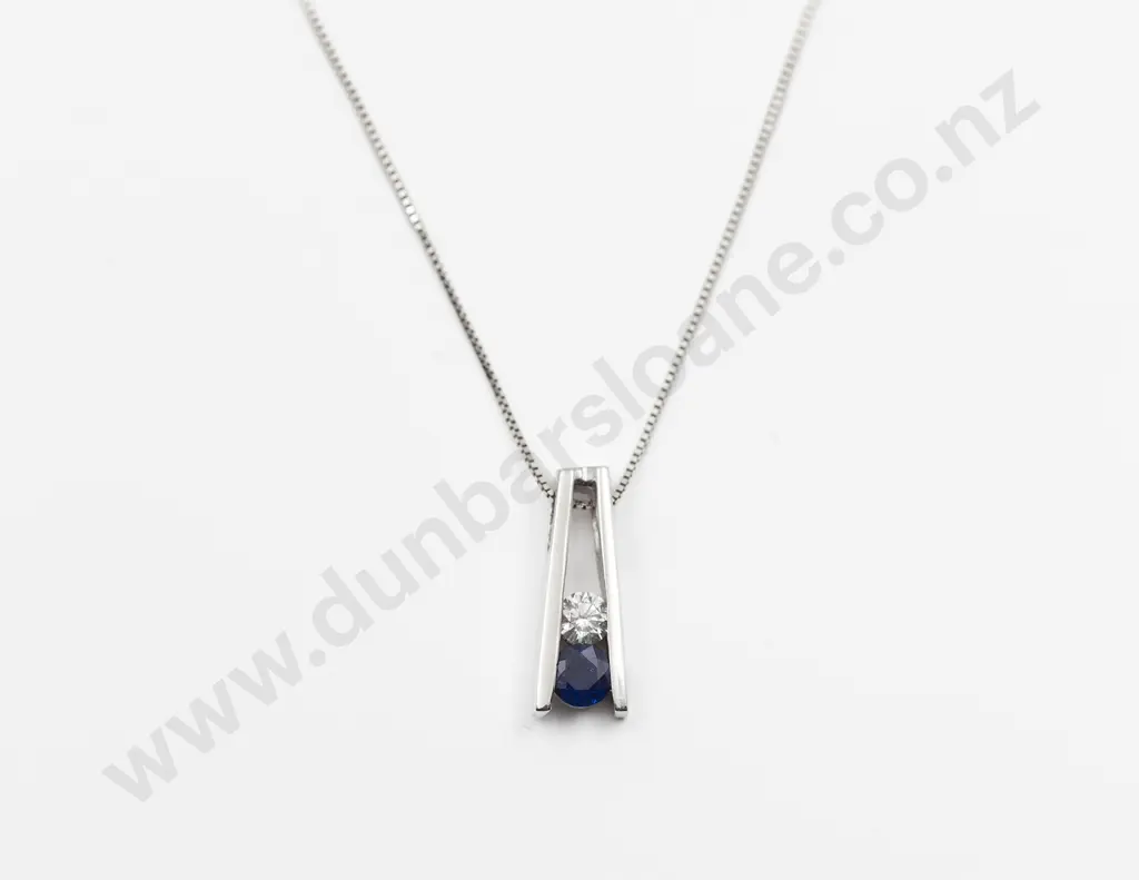 14ct White Gold Two Stone Sapphire and Diamond Pendant Image 1++