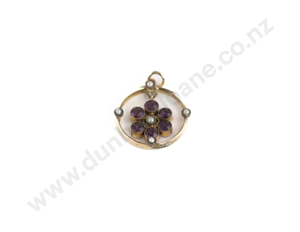 Edwardian 9ct Amethyst and Pearl Swing Circlet Pendant Image 1++