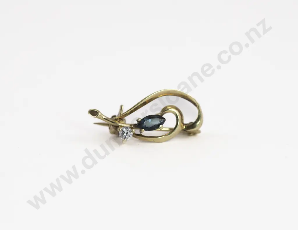 9ct Imitation Sapphire and Diamond Pin Brooch Image 1++
