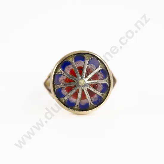 Vintage 9ct Red White and Blue Glass Leadlight Type Domed Ring