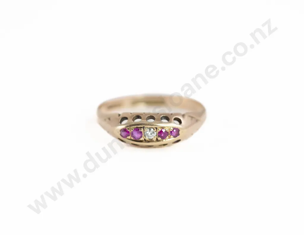 Birmingham 1923 9ct Five Stone Ruby and Diamond Bridge Ring Image 1++