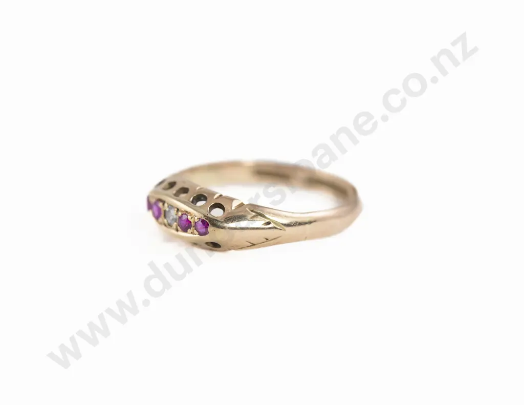 Birmingham 1923 9ct Five Stone Ruby and Diamond Bridge Ring Image 1++