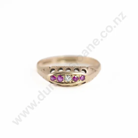 Birmingham 1923 9ct Five Stone Ruby and Diamond Bridge Ring