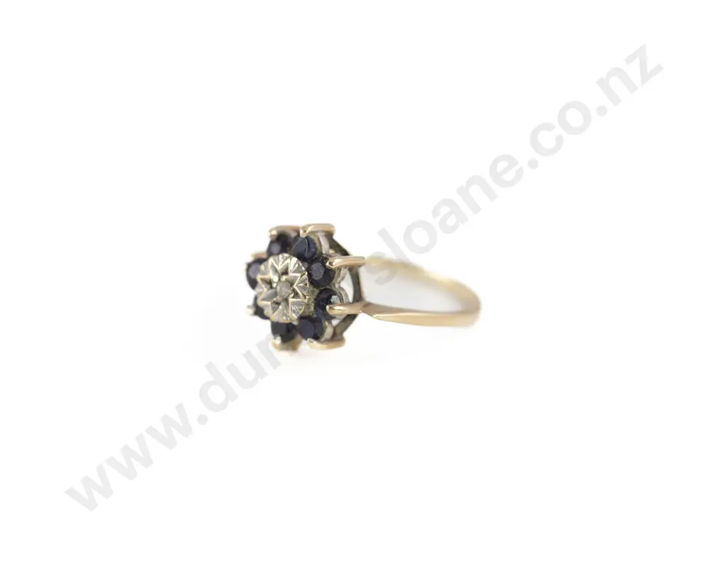 9ct Nine Stone Sapphire and Diamond Floret Cluster Ring Image 1++