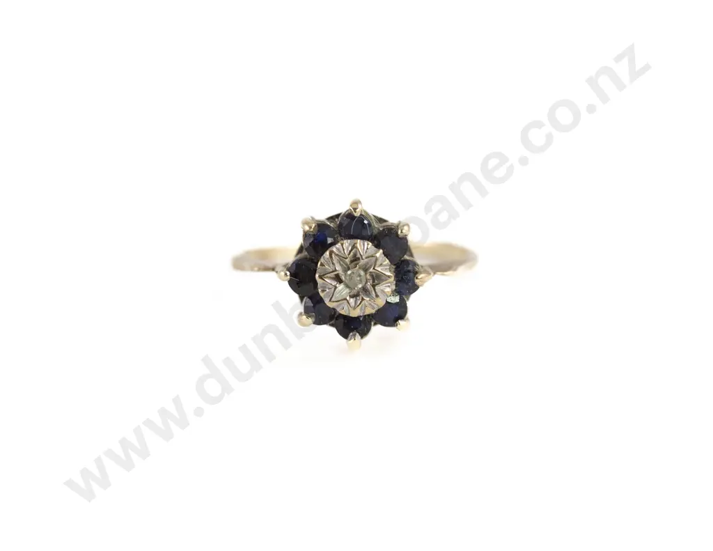9ct Nine Stone Sapphire and Diamond Floret Cluster Ring Image 1++