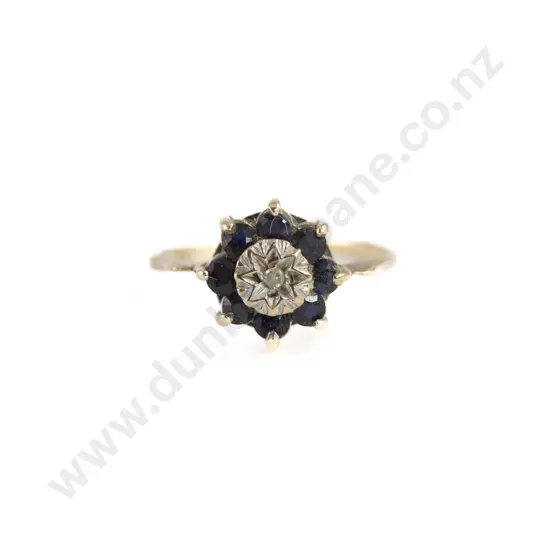 9ct Nine Stone Sapphire and Diamond Floret Cluster Ring