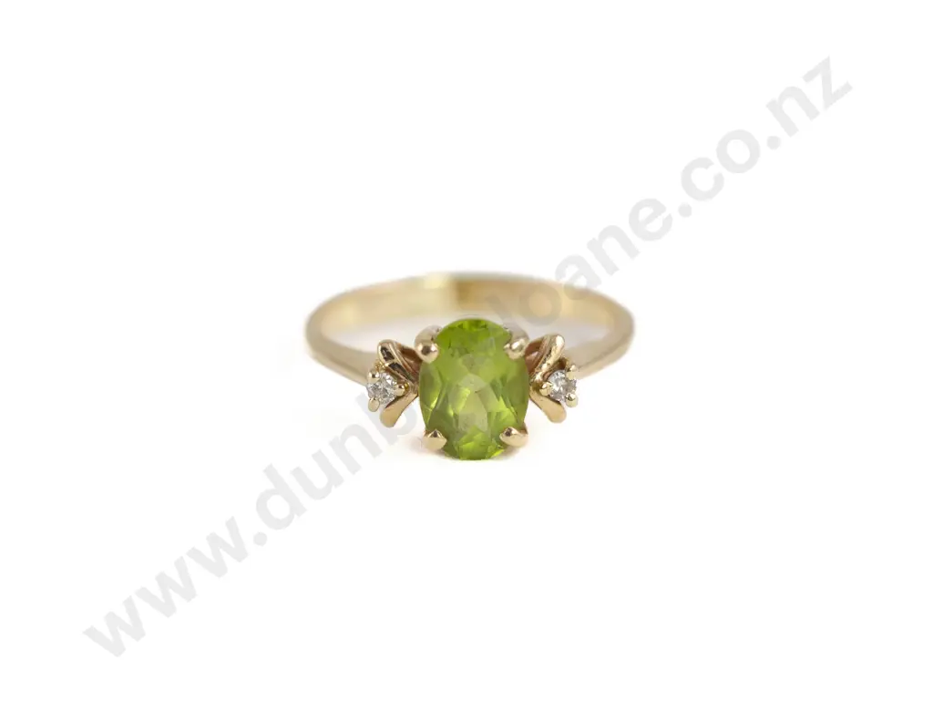14ct Three Stone Green Peridot and Diamond Bridge Ring Image 1++