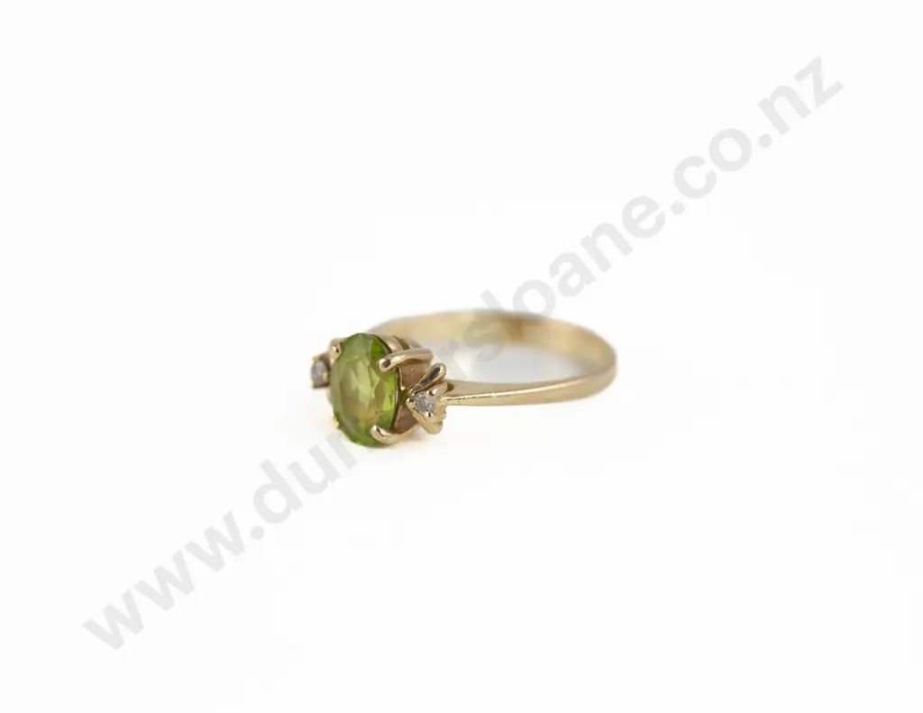 14ct Three Stone Green Peridot and Diamond Bridge Ring Image 1++