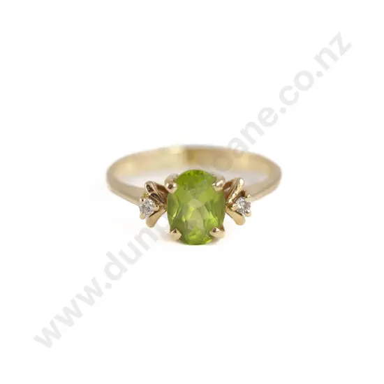 14ct Three Stone Green Peridot and Diamond Bridge Ring