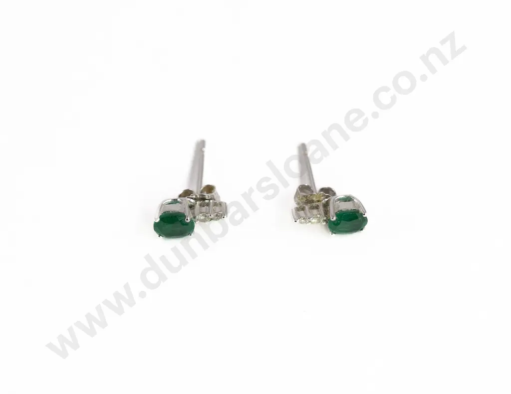 Pair 10ct White Gold Emerald and Diamond Stud Earrings Image 1++