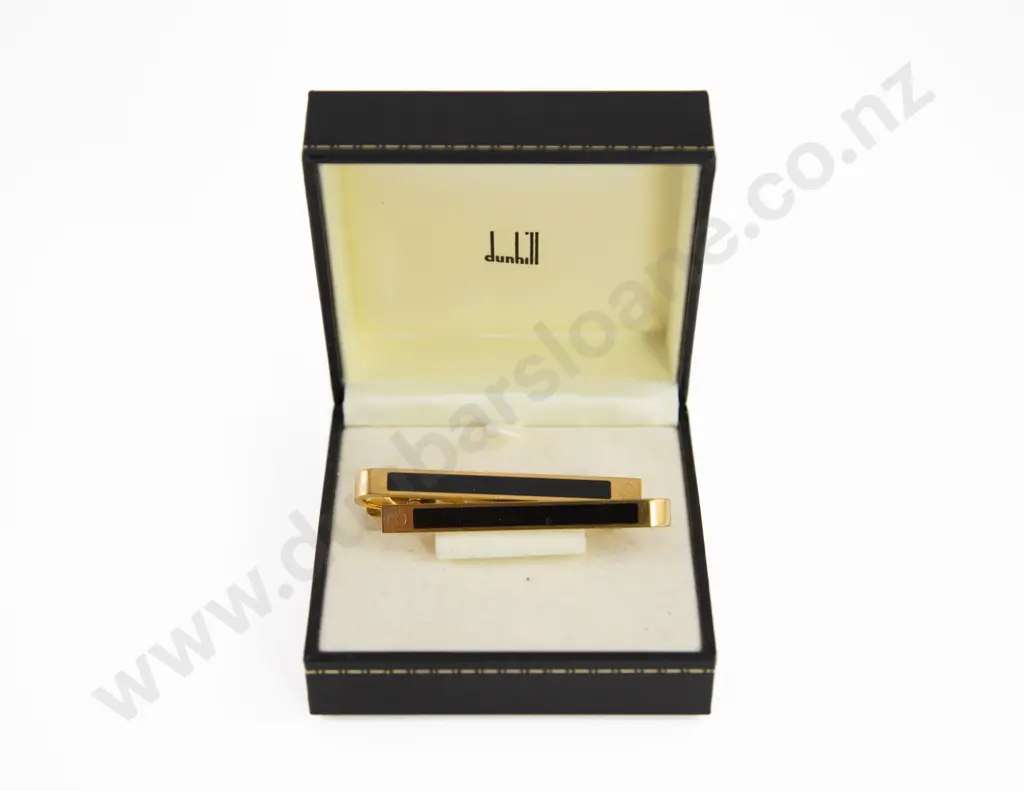 Boxed Two Dunhill Gold Plate and Black Enamel Tie Clips Image 1++