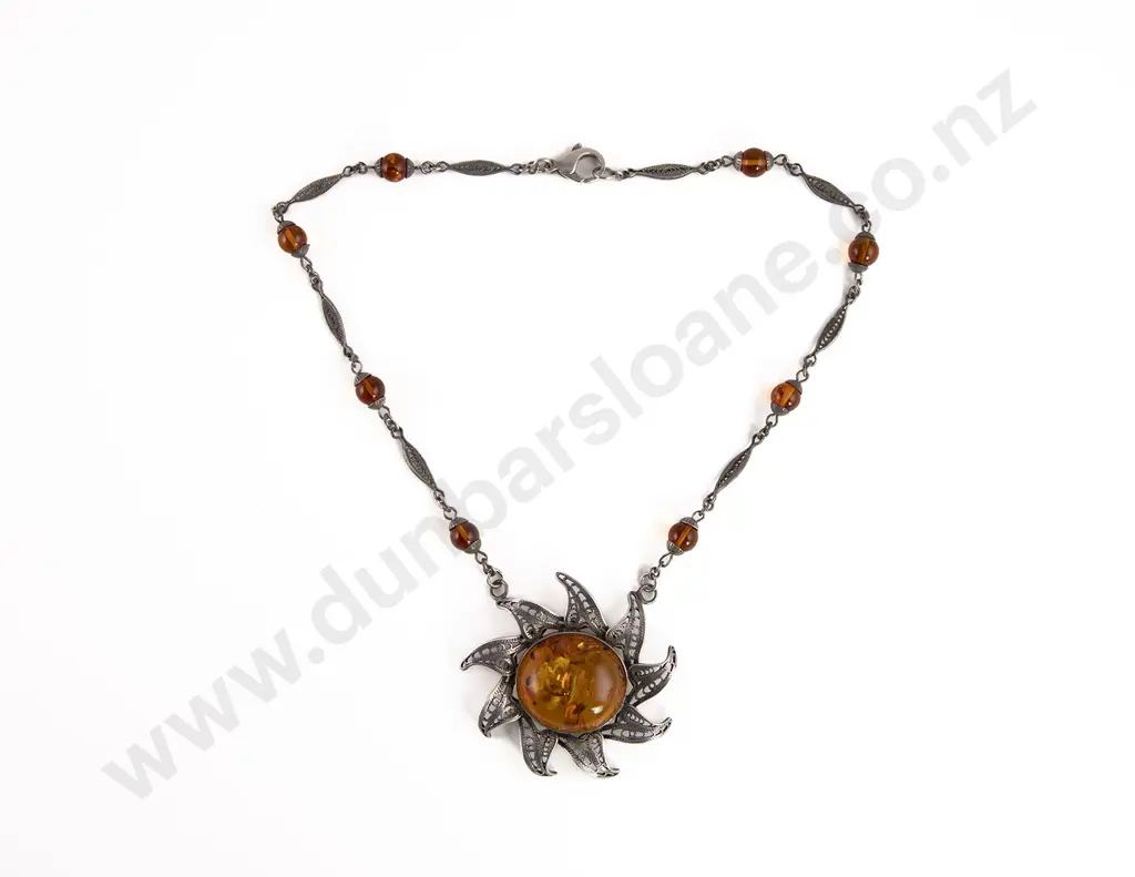 Silver Filigree and Amber Sun Burst Pendant Image 1++