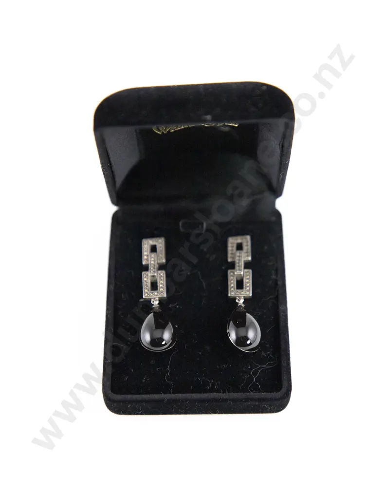 Pair Walker & Hall Silver Marcasite and Onyx Pendant Earrings Image 1++