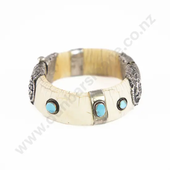 Vintage Chinese Silver and Ivory Hinged Bangle