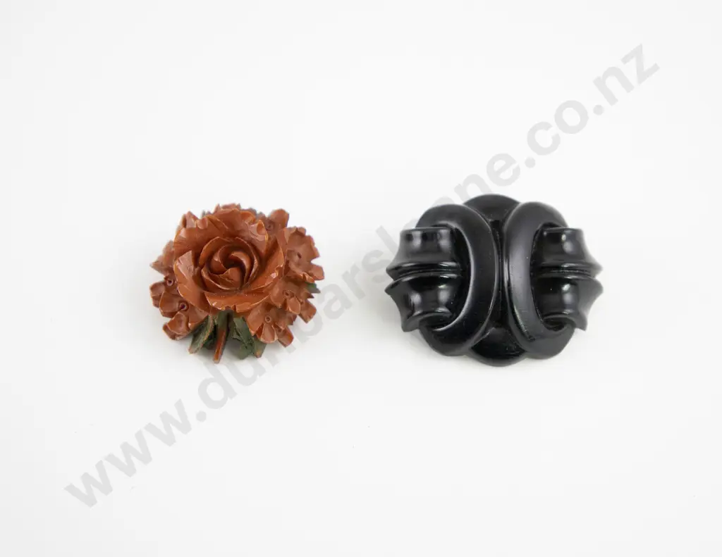 Victorian French Jet Brooch and Vegetable Ivory Carved Ivory Rose Brooch Image 1++