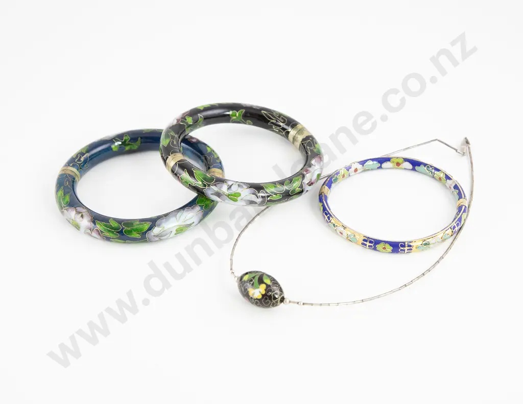 Three Cloisonne Bangles and Bead Necklace Image 1++