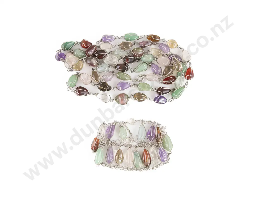 Silver Wire Bound Multi-Polished Gemstone Necklace and Bracelet Image 1++