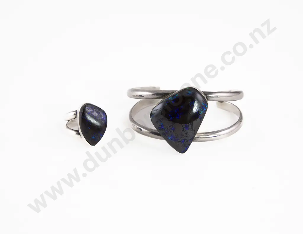 S/S Australian Opal Bearing Stone Cuff Bracelet and Ring Image 1++