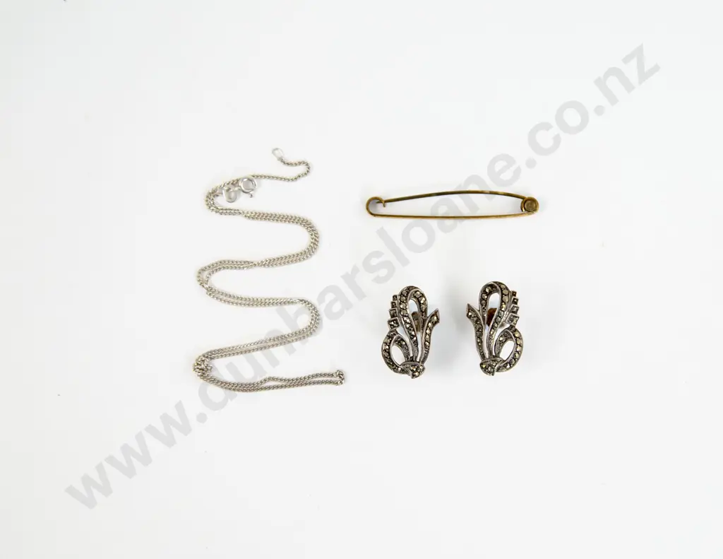 Pair S/S Marcasite Earring with Fine S/S Chain and Plated Pin Brooch Image 1++