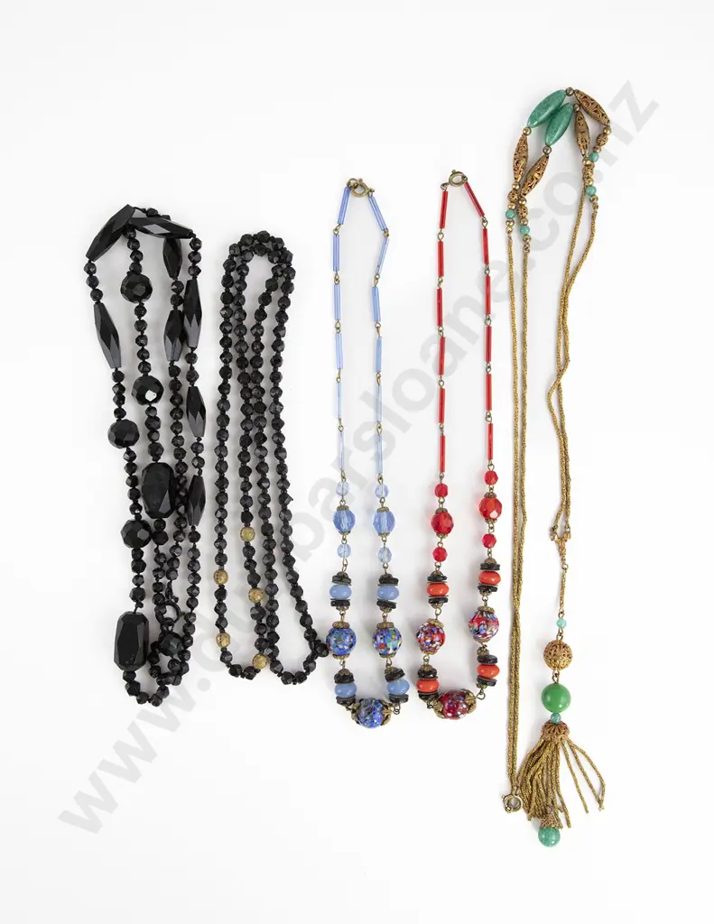 Two Late Victorian French Jet Bead Necklaces and three vintage Art Deco necklaces Image 1++