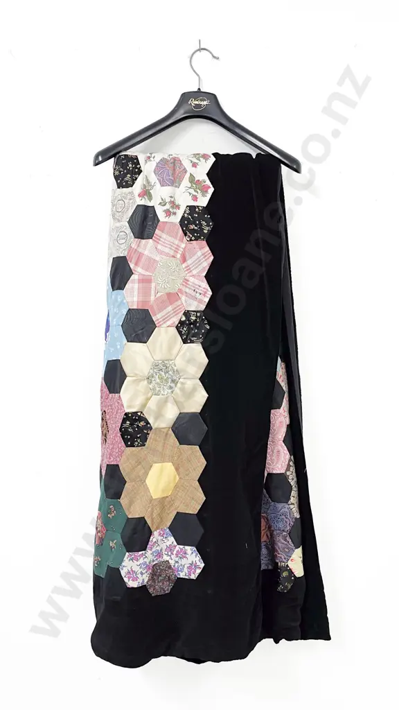 Vintage Hand Stitched Hexagon Star Pattern Quilt. variety of old fabrics on wide black velvet border Image 1++
