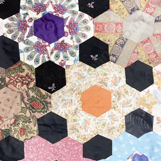 Vintage Hand Stitched Hexagon Star Pattern Quilt. variety of old fabrics on wide black velvet border