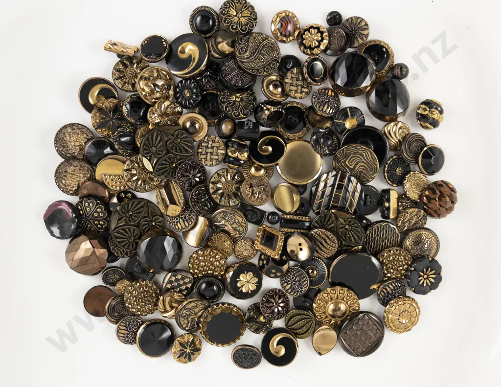 Collection Black Glass Buttons with gold decorations metal box and self shanks Image 1++