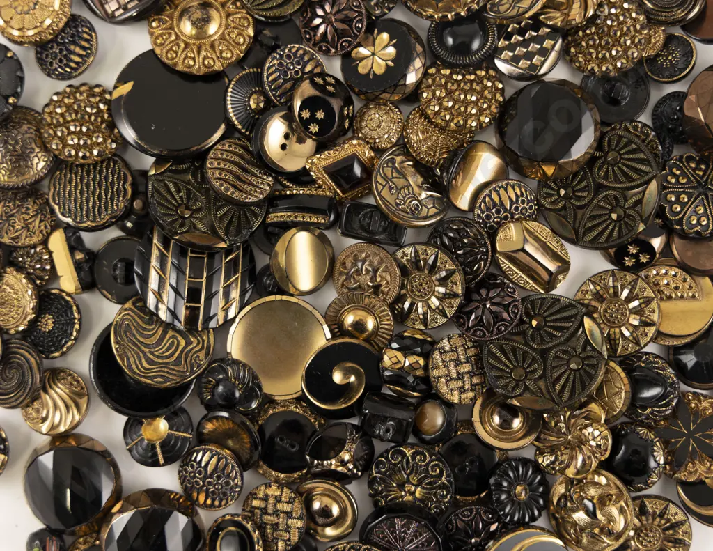 Collection Black Glass Buttons with gold decorations metal box and self shanks Image 1++