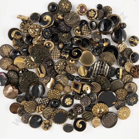 Collection Black Glass Buttons with gold decorations metal box and self shanks