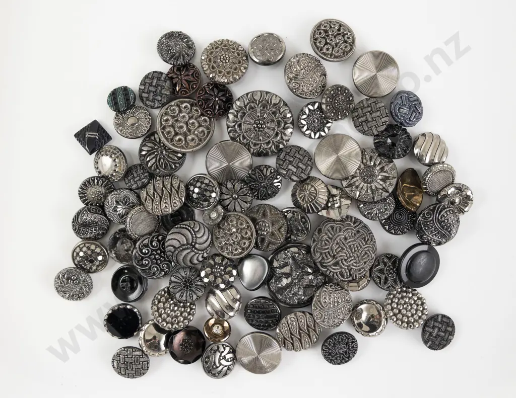 Collection Black Glass Buttons with silver decorations metal box and self shanks Image 1++