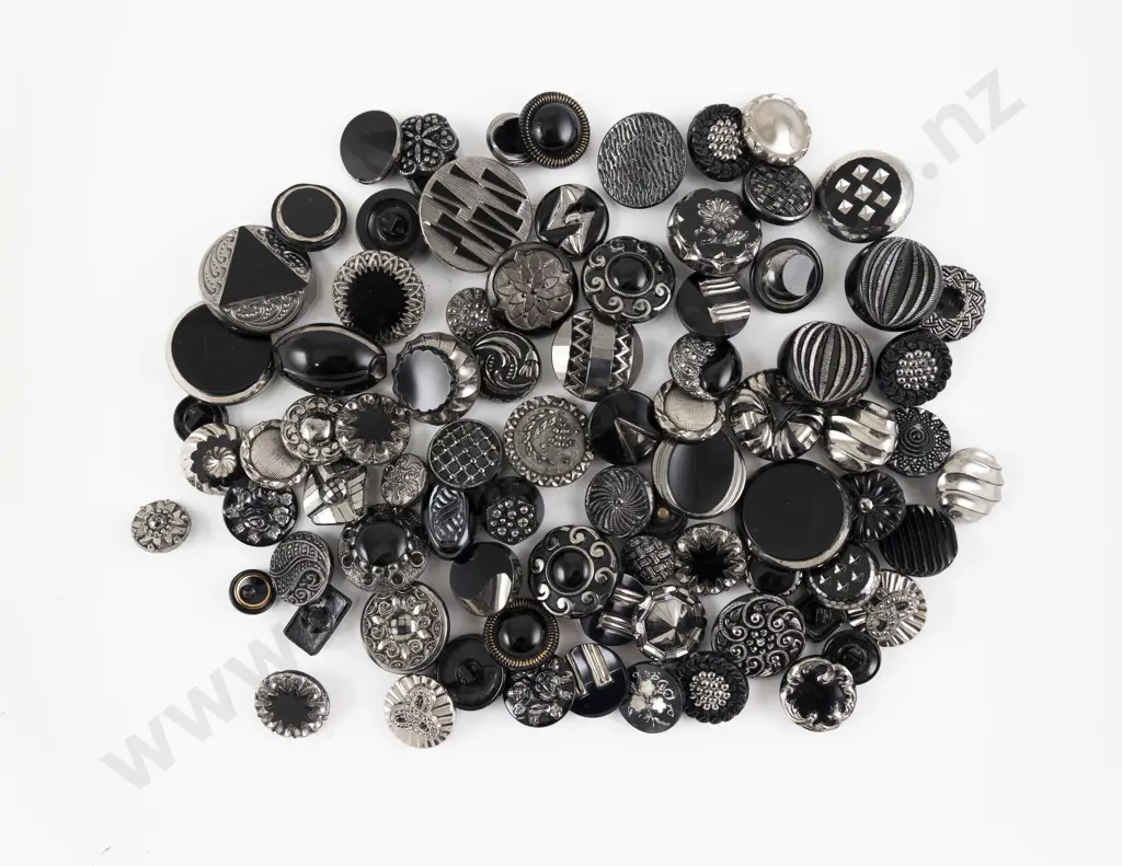 Collection Black Glass Buttons with silver decorations metal box and self shanks Image 1++