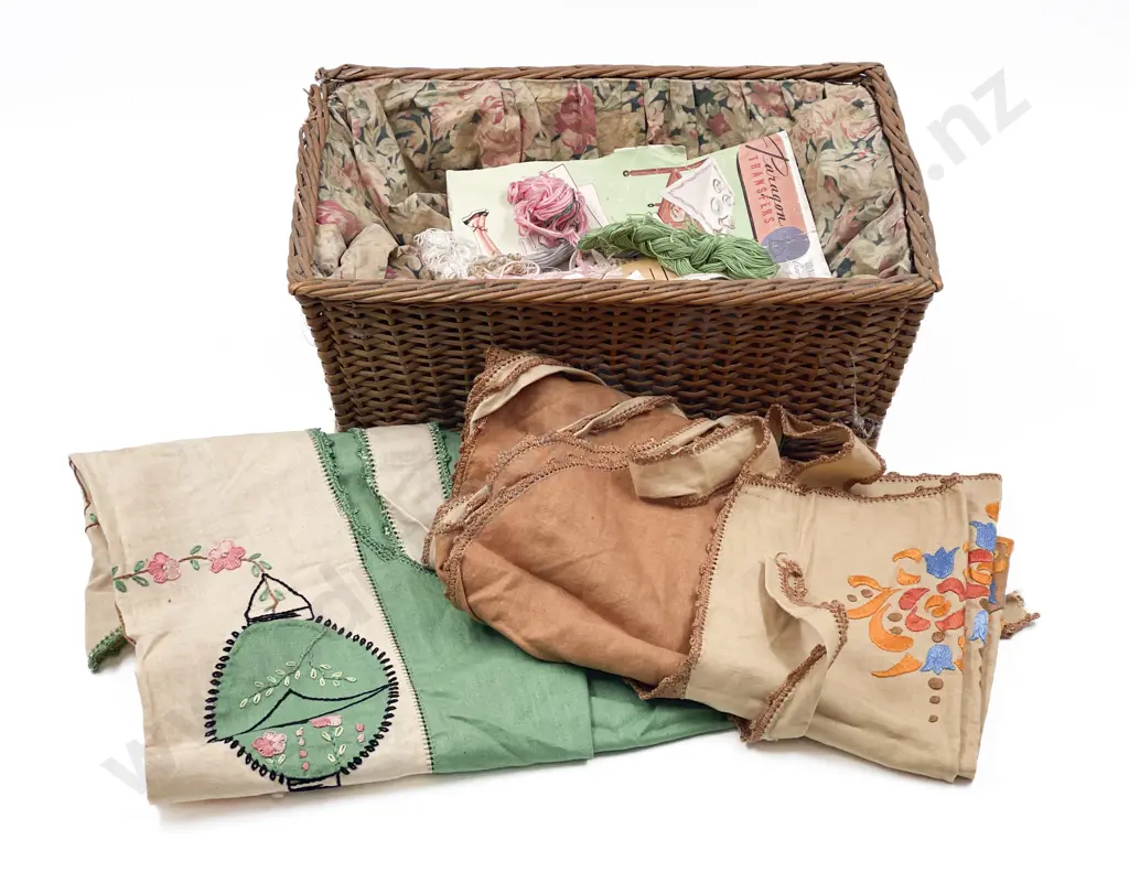 C1920/30"s Cane and Printed Cotton Sewing Basket Image 1++