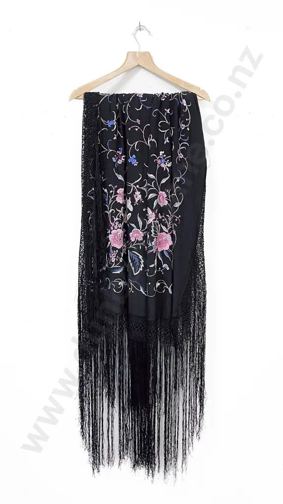 Victorian Black Polychrome Silk Embroidered Shawl Image 1++