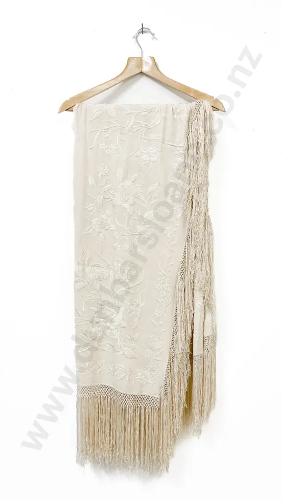 Victorian All Cream Silk Embroidered Shawl Image 1++