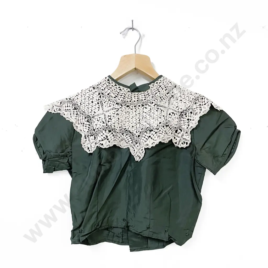 Victoria Green Brocade Top with Hand Woven Lace Colar Image 1++
