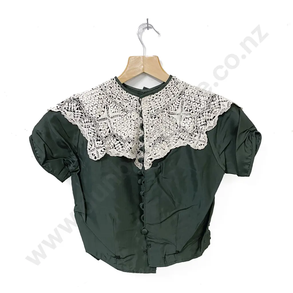 Victoria Green Brocade Top with Hand Woven Lace Colar Image 1++