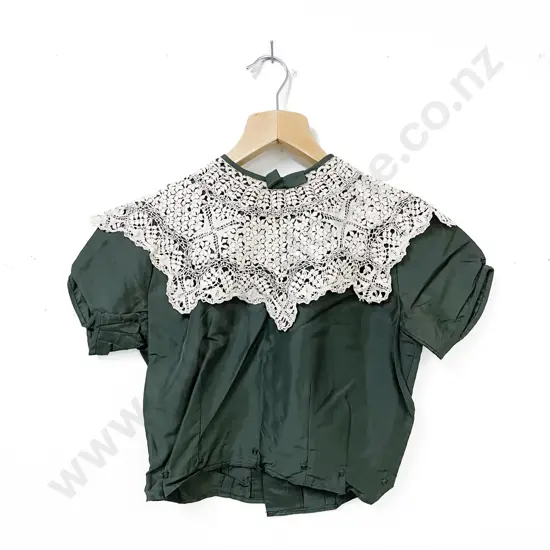 Victoria Green Brocade Top with Hand Woven Lace Colar