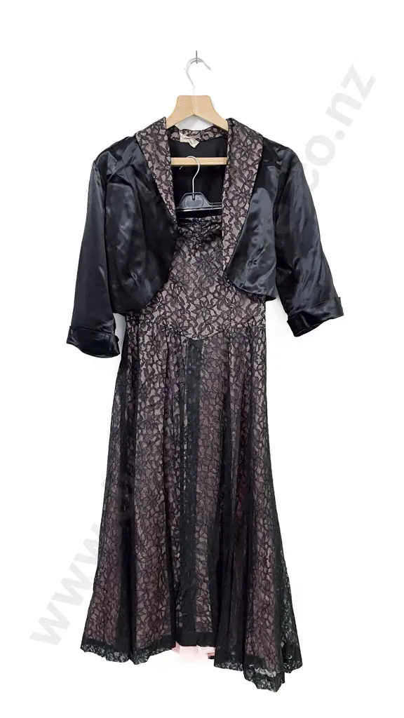 Vintage Labelled Roussine Black Satin and Lace Cocktail Dress with Over Jacket Image 1++