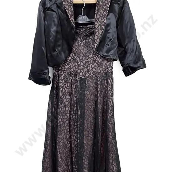 Vintage Labelled Roussine Black Satin and Lace Cocktail Dress with Over Jacket